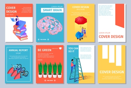 Colorful Vertical Banners Set with Copy Space. Cover Design. Guy Climbing on Ladder, Man Sitting on Books Heap, Potted Plants, Walking Family, Brain, Bicycles 3D Flat Vector Isometric Illustrationのイラスト素材