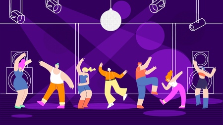 Clubbing Dancing Cartoon Disco People on Bright Stage in Nightclub Dance Floor in Vector Style Design DJ Party Music Nightlife Youth Event Flat Illustration Happy Woman Man on Scene under Disco Lightsのイラスト素材