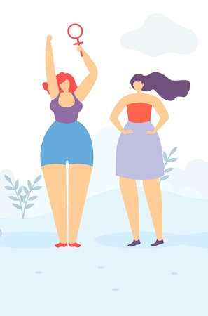 Vector Illustration Two Pretty Cartoon Women Standing on Floral Copy Space Flat Poster Girl Holding Female Sign Fight for Womens Rights Feminism Equality Concept Provocative Banner Motivation Templateのイラスト素材