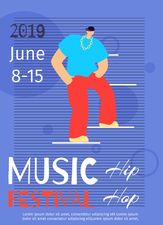 Music Dance Festival Poster Template Hip Hop Party Invitation Flat Banner Vector Illustration Color Cartoon Guy Trendy Outfit Dancing Standing on Stages Flyer Promotional Battle Event Brochureのイラスト素材