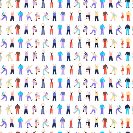 Dancing Disco People Characters Seamless Pattern. Flat Vector Illustration Different Funny Cartoon Man and Woman. Abstract Graphic Texture with Rockabilly Dance Party Concept. Print Gift Wrap Mockupのイラスト素材