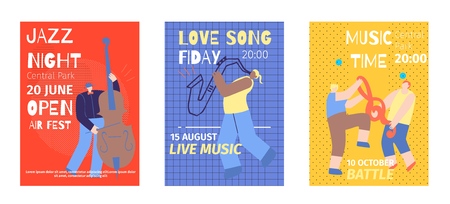 Music Festival Set Flat Invitation Color Poster Template Jazz Night Open Air Contrabass Love Sax Song Musician Battle Time Promotion Banner with Cartoon Man Characters Vector Style Print Illustrationのイラスト素材
