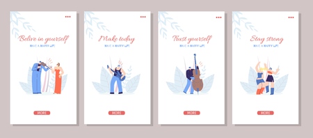 Social Media Template Happy Life Motivation Set Music Party Floral Style Dancing Playing Instruments People Inspiration Slogan Believe Trust Yourself Make Today Stay Strong Flat Vector Illustrationのイラスト素材