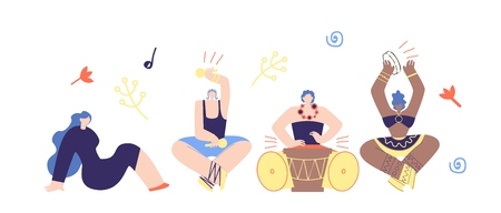 Vector Cartoon Man Woman Playing Drum, Tambourine, Castanets on Stage. African Percussion Instruments Music Illustration. Pretty Girl Listening Djembe Sitting on Floor. Festival Talent Show Marathonのイラスト素材