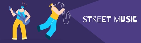 Street Music Flat Design Banner. Street Musicians Playing Bass Guitar Saxophone. Man Music Instrumental Band Singing Song. Jazz, Rock, Pop Event, Festival Marathon, Talent Show Vector Illustrationのイラスト素材