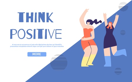 Think Positive Landing Page. Flat Banner with Dancing Having Fun Girls. Vector Geometric Design Illustration. Optimistic Thoughts Keeping Emotional Balance Psychological Work on Yourself Conceptのイラスト素材