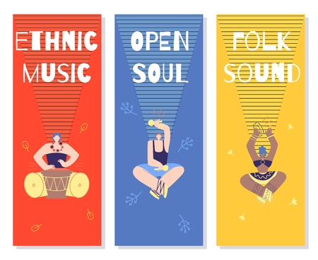 Color Ethnic Music Festival Cards Playing African Traditional Instruments Artists Ethnic Music Open Soul Folk Sound Party Flyer Set Color Flat Vector Illustration Banner Invitation Advertising Posterのイラスト素材