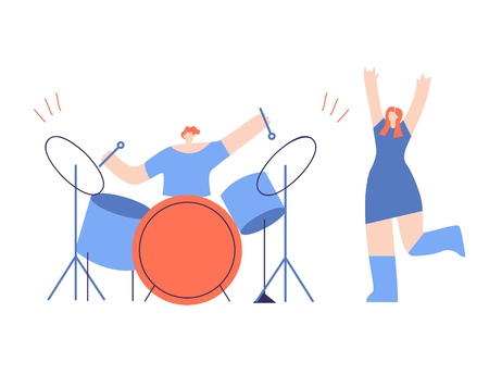Male Musician Playing Drums, Woman Dancing Gesturing Rock Hand Sign. Live Concert on Stage. Percussion Musical Instruments, Party Time. Rock Festival Vector Illustration. Flat Cartoon on Whiteのイラスト素材