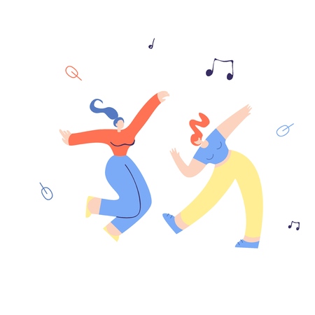 Young Clubbing Dancing Girls Flat Vector Illustration on White. Pair Cartoon Woman Disco Stars Moving Beautifully on Nightclub Dance Floor. Dance Party Group People Enjoy Music Festival Youth Discoのイラスト素材
