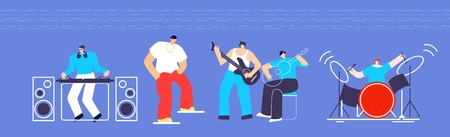 Musician People with Instruments Give Concert. Flat Cartoon Man Characters Playing Rock Dancing Hip Hop Mixing Music Track on Turntables. Guitar Drum Disco Live Sound Festival Flat Vector Illustrationのイラスト素材