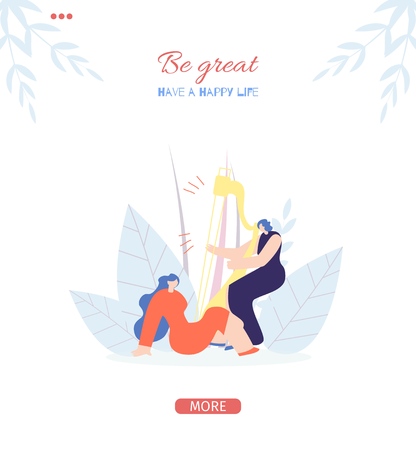 Be Great Motivate People Social Stories Flat Style for Mobile Application Template Have Happy Life Concept Flat Design Vector Illustration Banner with Music Girls Harpist Admired Woman Floral Styleのイラスト素材