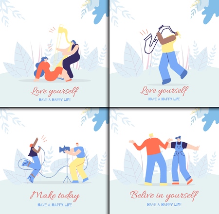 Motivate Yourself Love Happy Life Believe Future Make Today Flat Inspirational Card Set for People Vector Illustration Cartoon Characters Making Lovely Music Enjoying Party Banner Templateのイラスト素材