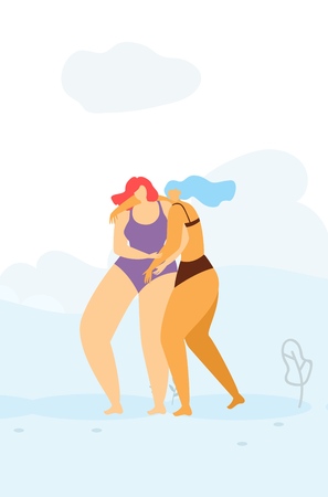 Two Brave Cartoon Women Character Holding Each Other Togetherness Support Casual Female Femininity Lady Concept Banner Flat Template Help Girl Better Together Vector Floral Style Illustrationのイラスト素材