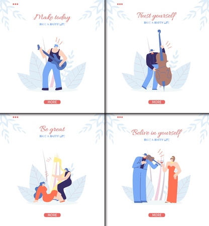 Motivation Social Landing Page Set in Trendy Festival Style with Inspirational Phrase Slogan Wisdom and Having Fun People Listening Classic Music on Floral Vector Illustration Copy Banner Spaceのイラスト素材