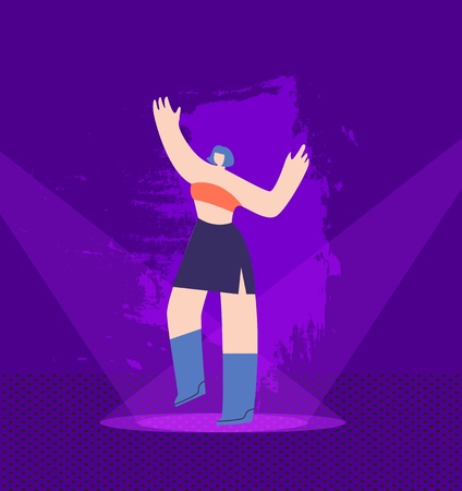 Dancing Pretty Cartoon Girl Character on Illuminated Night Stage Holiday Disco Party Marathon Music Festival Discotheque Competition Concept Flat Vector Design Illustration Woman Showing Talent Danceのイラスト素材
