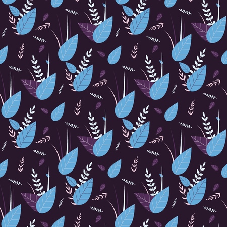 Flat Seamless Pattern in Herbal Design Dark Field Abstract Texture with Repeat Floral Elements Natural Minimalistic Style Positive Concept Leaves Different Shapes Vector Fresh Ornament Illustrationのイラスト素材
