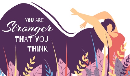 Motivate Lettering Flat Banner You Stronger that Think Woman Power Strength Body Positive Concept Floral Vector Cartoon Plus Size Girl Inspirational Text on Blowing Wind Wavy Long Hair Illustrationのイラスト素材