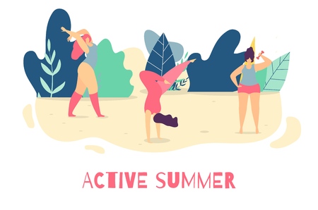 Be Active in Summer Motivational Woman Flat Text Banner Good Positive Lettering Keep Fit Improve Health Become Stronger Concept Sporty Girls Vector Doing Yoga Fitness Stretching Illustrationのイラスト素材