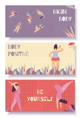 Bikini Body Positive Be Yourself Lettering Flat Banner Set in Floral Design Cartoon Woman Characters Doing Fitness Yoga Exercise Swimming in Pool Vector Trendy Illustration Keep in Shape Conceptのイラスト素材