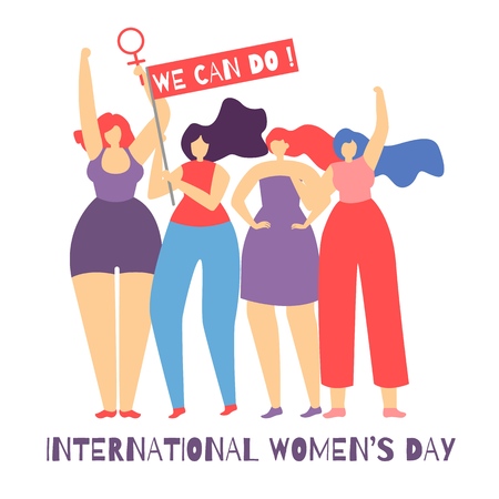 Flat Card Banner with Woman Inspirational Lettering We Can Do Modern Social Feminist Movement Group of Strong Positive Girls Standing Together with Streamer and Female Sign Vector Cartoon Illustrationのイラスト素材