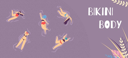 Bikini Body Landing Page Woman Motivation for Self Acceptance Vector Doodle Illustration with Swimming Girls in Swimsuit Enjoying Recreation and Rest in Pool or Sea Summertime Floral Flat Illustrationのイラスト素材