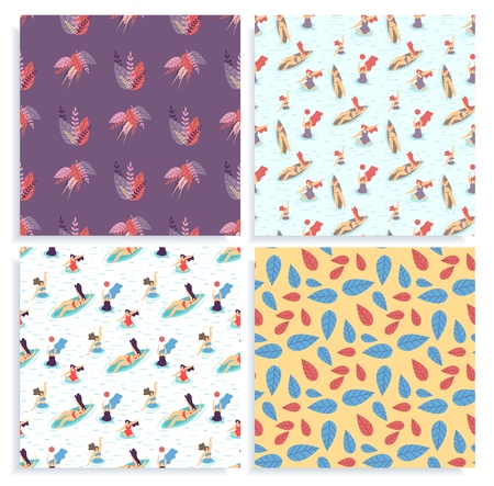 Seamless Pattern Set Body Positive and Active Summer Concept Advertising Promotional Card with Herbal Decoration and Happy Plus Size Women Swimming in Pool or Sea Vector Flat Abstract Illustrationのイラスト素材