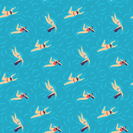 Wavy Sea and Swimming Plus Size Woman in Bikini Positive Flat Seamless Pattern Summer Outdoors Recreation Holidays Time Pool Party Concept Vector Repeat Cartoon Illustration Happy Summertime Leisureのイラスト素材