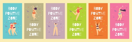 Body Positive Zone Lettering Card Woman Motivational Set Vertical Oriented Flat Cartoon Banner for Mobile Application Colored Stories Pretty Dancing Girls in Romantic Summer Design Vector Illustrationのイラスト素材