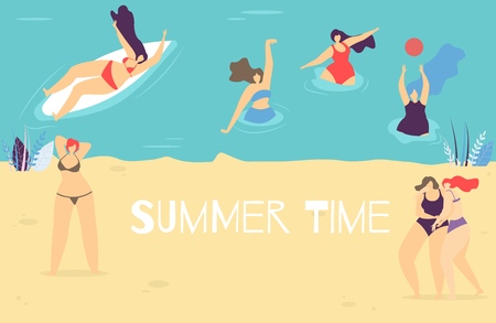 Summer Time Lettering Flat Banner Body Positive Concept Group of Plus Size Cartoon Women Having Fun on Sand Beach Swimming in River on Desk Playing with Ball Vector Illustration Design Templateのイラスト素材