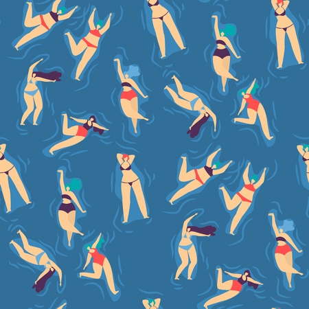 Motivational Woman Flat Seamless Texture Template Love Body Positive Concept Vector Water Splash Color Design Illustration with Top View Plus Size Girls Swimming and Posing Enjoying Recreationのイラスト素材