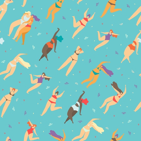 Motivational Body Positive Concept Flat Seamless Pattern in Vector Design with Diagonally Placed Happy Dancing Multiracial Women in Underwear on Colored Floral Backdrop Inspiration Texture Love Figureのイラスト素材