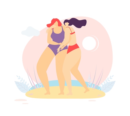 Two Beautiful Cartoon Women Friends Standing Together and Hugging on Summer Beach Female Friendship Vector Illustration Happy Together Sisterhood Trust Help Support Motivational Flat Design Bannerのイラスト素材