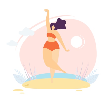 Happy Chubby Girl in Swimwear Doing Yoga Exercise Fitness Cartoon Woman Dancing Ballet Plus Size Model Posing on Sunny Beach Vector Illustration Feminine Body Positive Concept Active Lifestyle Bannerのイラスト素材