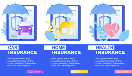 House Car Health Insurance Service Banner Umbrella and Shield Vector Illustration. Damage Financial Cover Emergency Hospital Help Home Protection Property Security Personal Medical Supportのイラスト素材