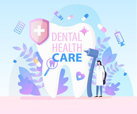 Woman Dentist Medical Equipment Drill Syringe Mirror Dental Health Care Vector Illustration. Stomatology Instrument Tool Professional Treatment Tooth Clean Whitening Caries Checkup Recovery Implantのイラスト素材