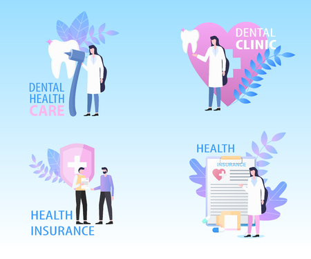 Dental Clinic Health Care Insurance Banner Set Vector Illustration. Insurance Protection Professional Medical Stomatology Treatment Doctor Checkup Service Money Financial Bill Returnのイラスト素材