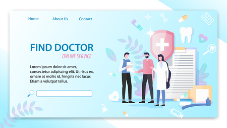 Find Doctor Online Service Vector Illustration. Female Professional Physician Man Patient Medical Healthcare Hospital Search Mobile Phone Application Emergency Help Ilness Treatmentのイラスト素材