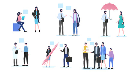 People Talk Man Woman Dialog Office Worker Discussion Doctor Patient Meeting Family Contract Sign Vector Illustration. Parent Child Insurance Umbrella Protection Concept Cartoon Character Conversationのイラスト素材
