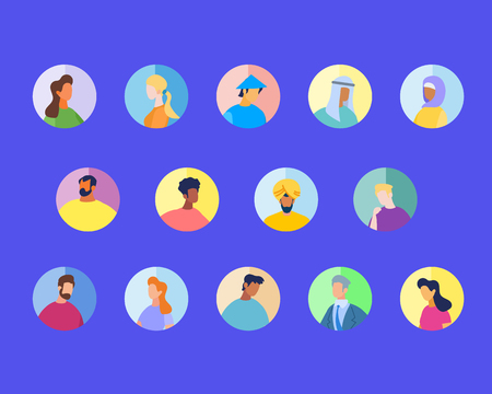 Multiracial and International People Characters in Round Icons Isolated on Blue Background. Men and Women of Different Ages, Images, Religious and Culture Avatars. Cartoon Flat Vector Illustration.のイラスト素材