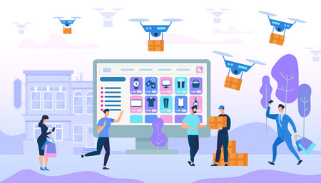 People Characters Shopping and Purchases Express Delivery in City. Drones Carry Boxes. Ecommerce Sales, Digital Consumer Marketing. Online Application on Huge Monitor. Cartoon Flat Vector Illustrationのイラスト素材