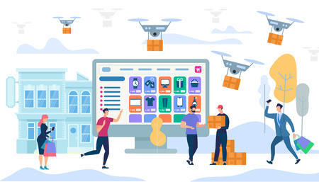 People Characters Shopping and Purchases Express Delivery in City. Drones Carry Boxes. E-commerce Sale, Digital Consumer Marketing. Online Application on Huge Monitor. Cartoon Flat Vector Illustrationのイラスト素材
