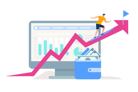 Young Man Climbing Up to Flag Target by Pink Crooked Arrow on Huge Monitor with Graphs and Charts Background. Wallet with Banknotes Stand Below Isolated on White . Cartoon Flat Vector Illustrationのイラスト素材