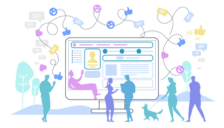 Concept of Social Networking. Male and Female Human Silhouettes at Huge Outline Monitor Connected with Internet Cyberspace. Wireless People Connection Around of World. Cartoon Flat Vector Illustrationのイラスト素材