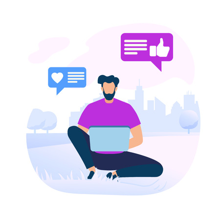 Young Bearded Man in Purple Shirt Sitting on Ground Open Air with Laptop in Hands and Communicating in Internet. Social Media Icons. Heart, Thumb Up in Bubble Speech. Cartoon Flat Vector Illustration.のイラスト素材