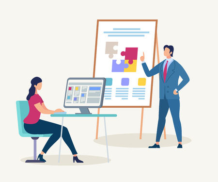 Young Woman Sitting on Chair at Desk with Computer Watching Presentation of Confident Male Business Trainer Character in Suit Pointing on Flip Board with Puzzle Pieces Cartoon Flat Vector Illustrationのイラスト素材