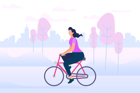 Active Stylish Girl Enjoying Bike Ride Open Air. Young Woman Character Riding Bicycle on City Park Background. Healthy Lifestyle, Eco Transportation. Female Side View. Cartoon Flat Vector Illustrationのイラスト素材