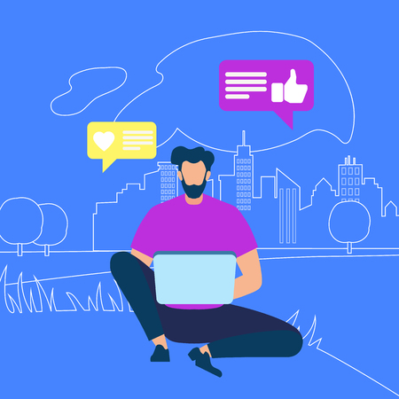Young Bearded Man in Purple Shirt Sitting on Ground with Laptop in Hands and Communicating in Internet on Park and City View Outline Background. Social Media Icons. Cartoon Flat Vector Illustration.のイラスト素材