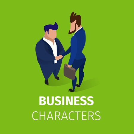 Business Characters Stand Face to Face Shaking Hands on Green Background, Agreement Communicating. Business Leaders Meet for Successful Deal Isometric 3D Cartoon Vector Illustration, Square Bannerのイラスト素材