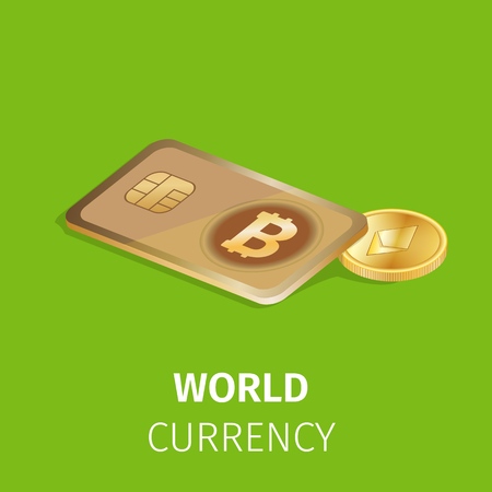 World Currency Square Banner. Credit or Debit Card with Bitcoin Sign and Golden Coin of Etherium Cryptocurrency on Green Background. Finance and Digital Technology. 3D Isometric Vector Illustrationのイラスト素材