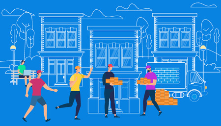 Male Characters Working Hard in Construction. Process of House Building. Builders Make House Project on Blue Background with Outline City Buildins, Cars and Elements. Cartoon Flat Vector Illustrationのイラスト素材
